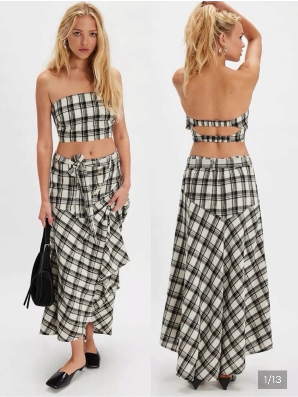 Free People Gingham Plaid Picnic After You Set Maxi Skirt Tube Top Size Large